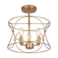 3-Light Gold Drum Chandelier Light with Open Cage Design by Uolfin