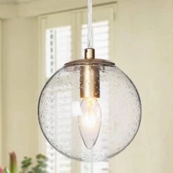 Modern Globe Kitchen Island Pendant Light 1-Light Gold Round Pendant Light with Seeded Glass Shade by Uolfin