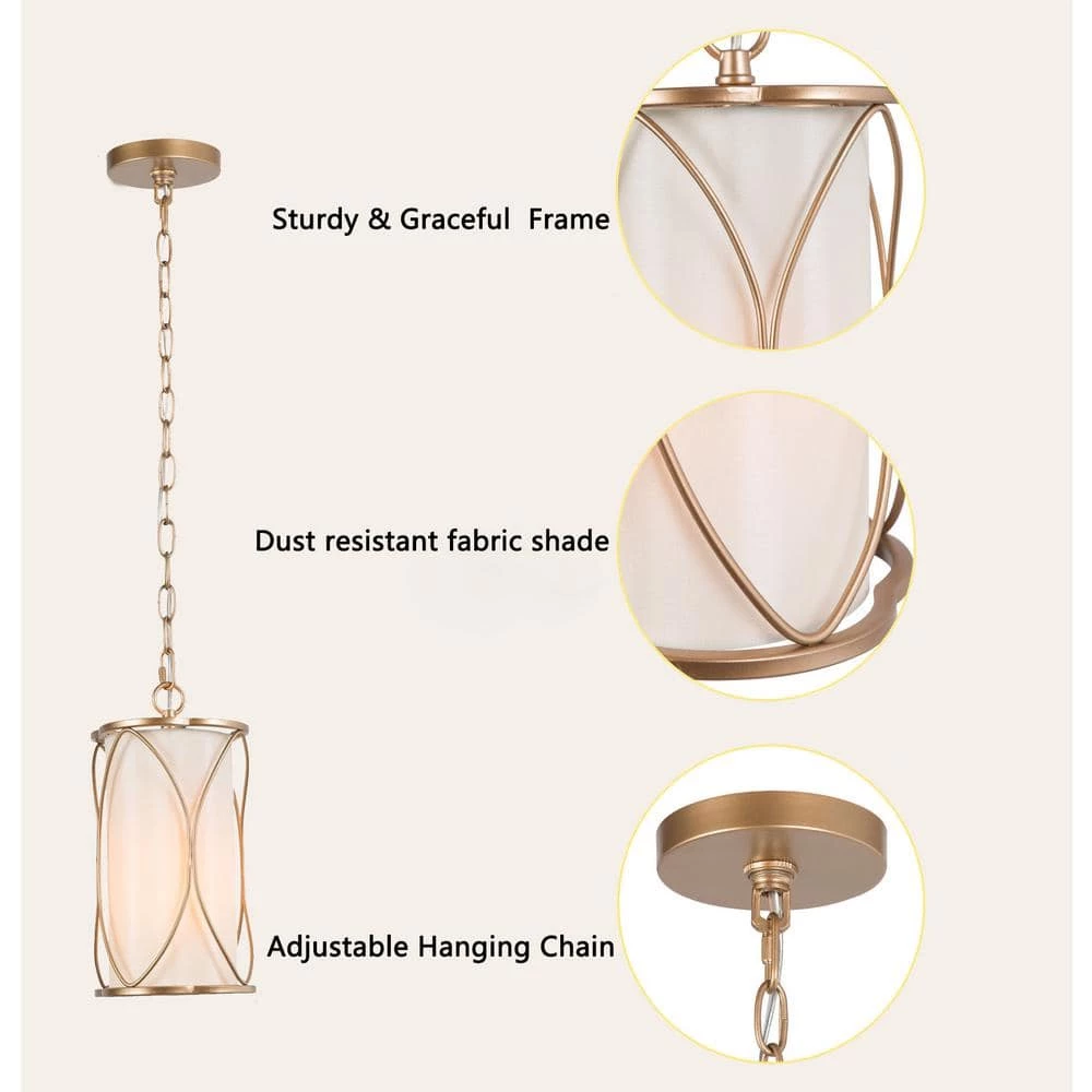 1-Light Gold Cage Drum Pendant Light with Fabric Shade by Uolfin - Image 3