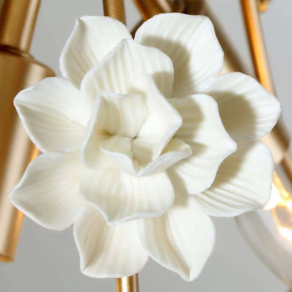 Modern Dining Room Chandelier 3-Light Gold Island Chandelier Light with White Ceramics Flowers by Uolfin - Image 5