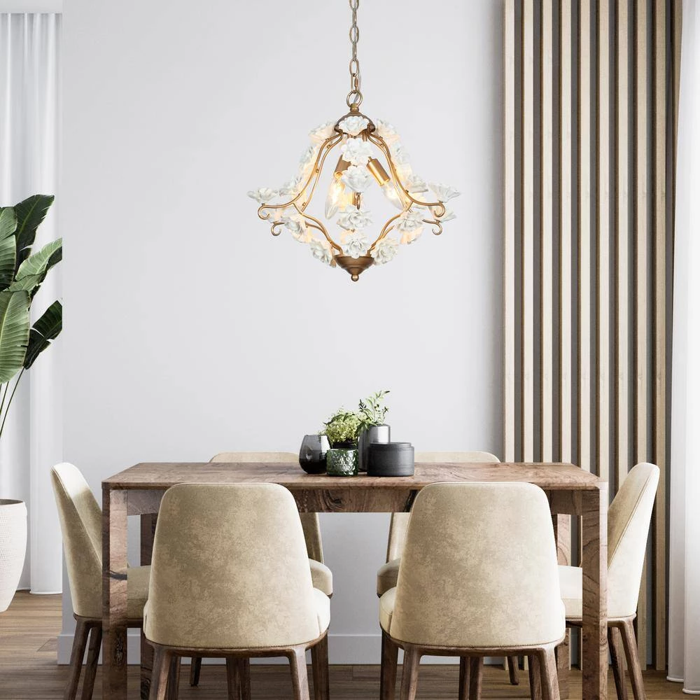 Modern Dining Room Chandelier 3-Light Gold Island Chandelier Light with White Ceramics Flowers by Uolfin - Image 2