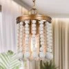 Modern Farmhouse Kitchen Island Pendant Light 1-Light Antique Gold Boho Pendant Light with White Wooden Beads by Uolfin