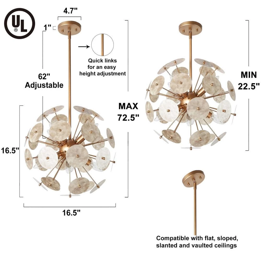 Gold Globe Bedroom Chandelier, 6-Light Modern Farmhouse Living Room Chandelier Light Fixture with Mica Flakes by Uolfin - Image 4
