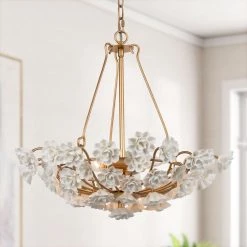 Modern Brass Gold Island Chandelier Light 3-Light Round Chandelier Light with Ceramic Flowers by Uolfin