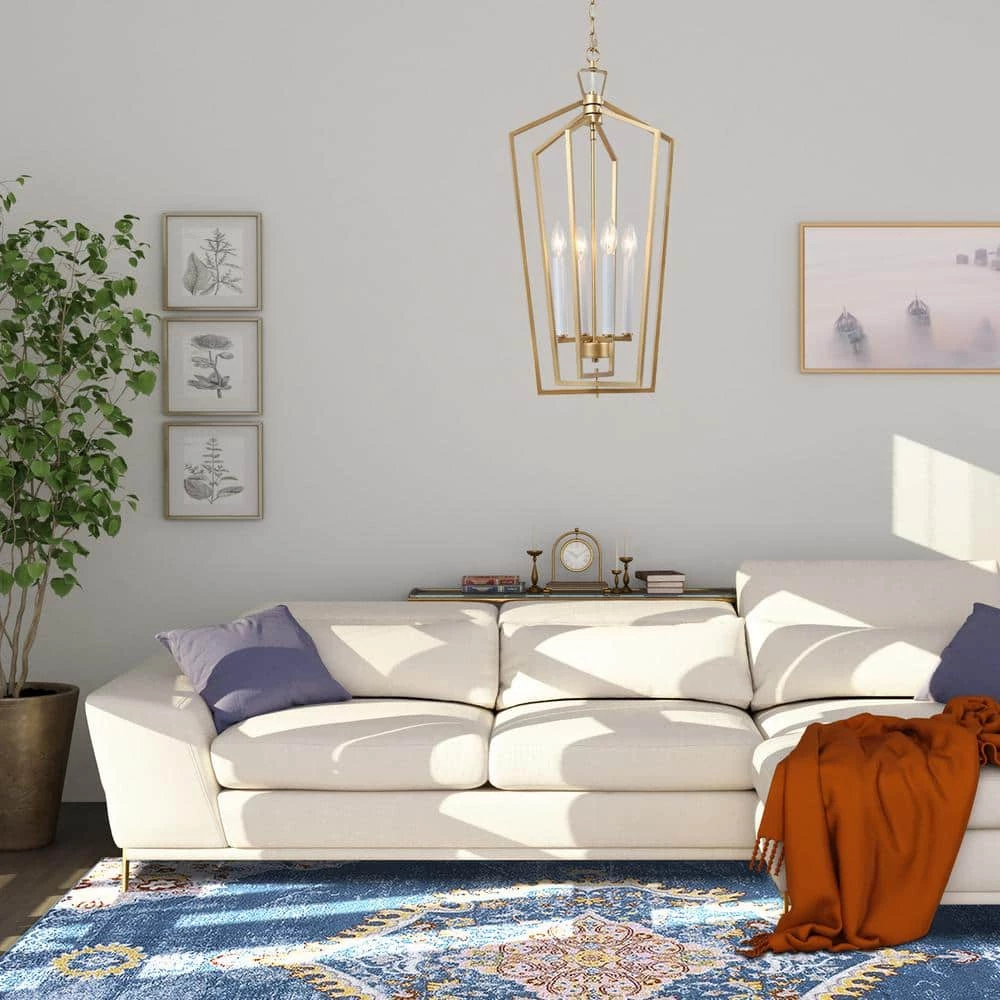 Gold Cage Pendant Light, Modern 4-Light Gold Geometric Dining Room Chandelier with Candle Style by Uolfin - Image 3