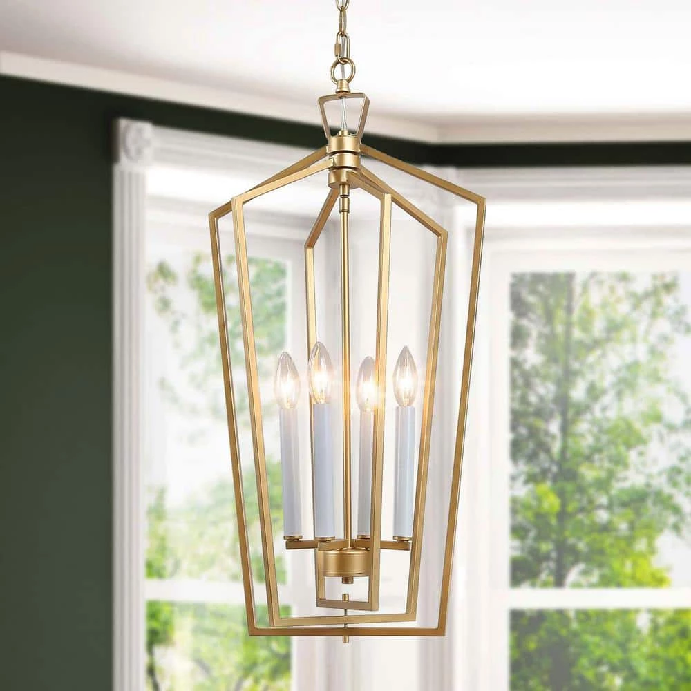 Gold Cage Pendant Light, Modern 4-Light Gold Geometric Dining Room Chandelier with Candle Style by Uolfin