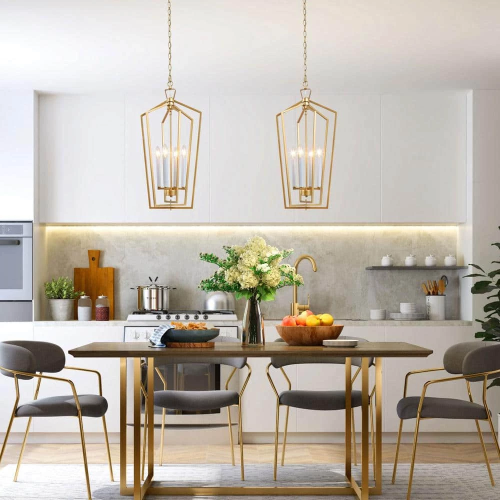 Gold Cage Pendant Light, Modern 4-Light Gold Geometric Dining Room Chandelier with Candle Style by Uolfin - Image 7