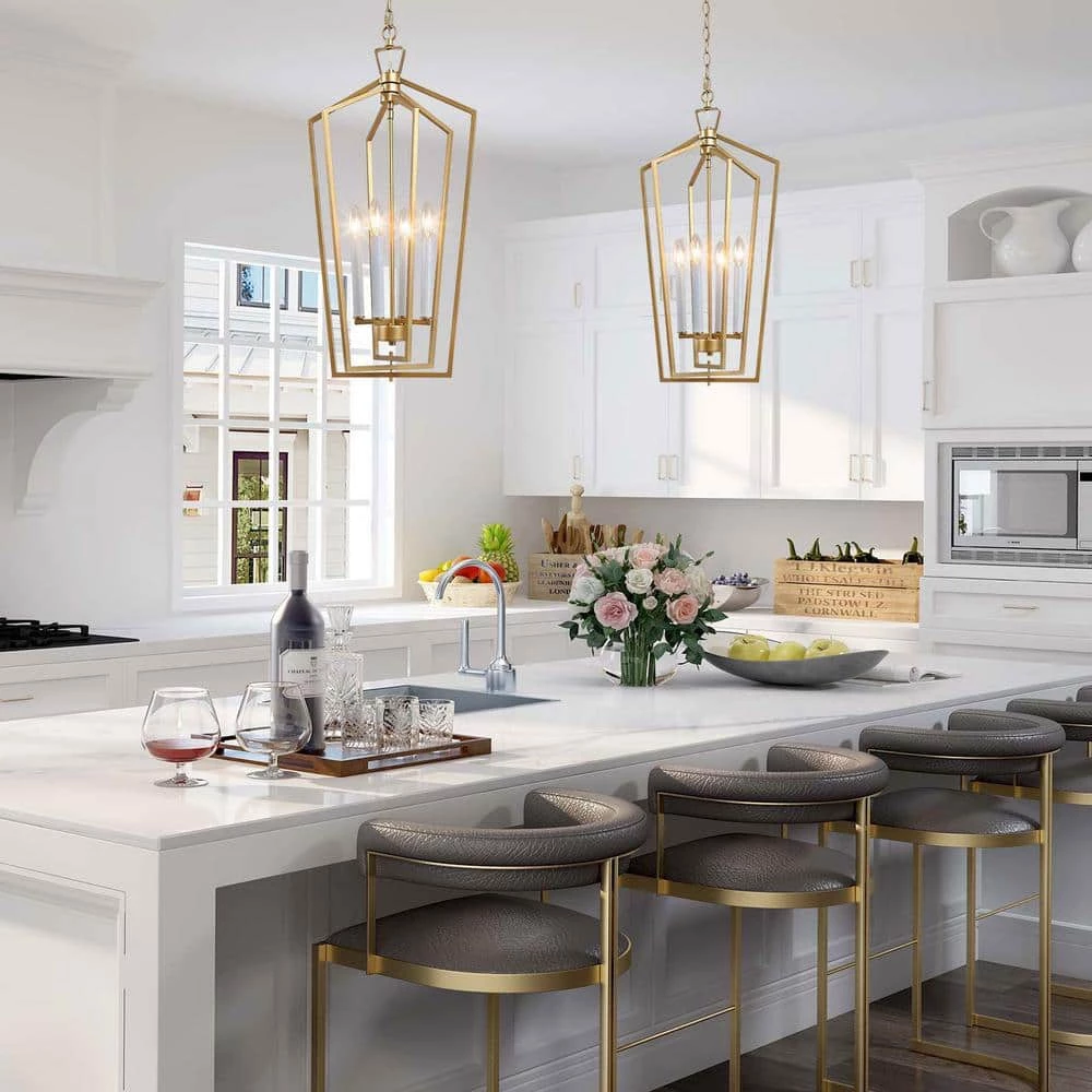 Gold Cage Pendant Light, Modern 4-Light Gold Geometric Dining Room Chandelier with Candle Style by Uolfin - Image 2