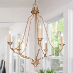 Modern Gold Dining Room Chandelier, 24 in. 5-Light Farmhouse Candlestick Kitchen Chandelier Light by Uolfin