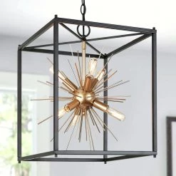 Modern Sputnik Square Chandelier Pendant Light, 6-Light Black Cage Island Chandelier Light for Kitchen Island by Uolfin