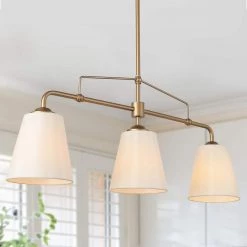 Farmhouse Gold Dining Room Chandelier, 32 in. 3-Light Modern Linear Island Chandelier with Fabric Shades by Uolfin