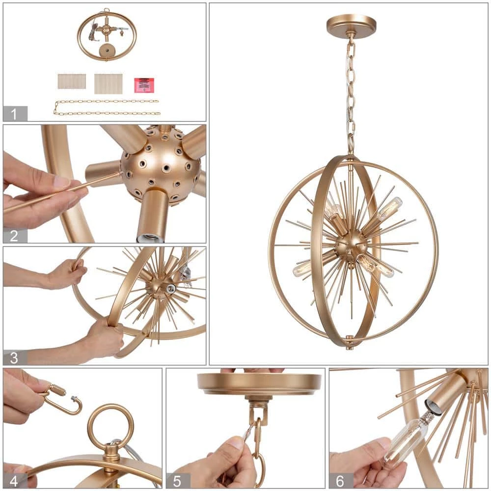 Gold Globe Kitchen Chandelier, 6-Light Modern Sputnik Circle Chandelier Lighting by Uolfin - Image 6