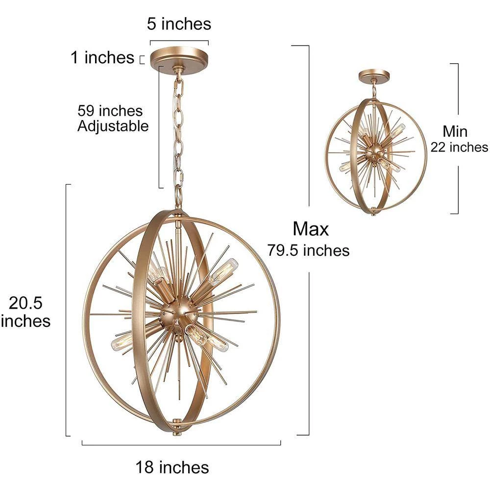 Gold Globe Kitchen Chandelier, 6-Light Modern Sputnik Circle Chandelier Lighting by Uolfin - Image 4