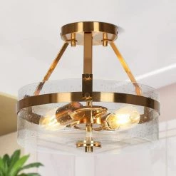 Modern Brass Gold Ceiling Light, 2-Light Cage Round Kitchen Semi-Flush Mount with Seeded Glass Shade by Uolfin