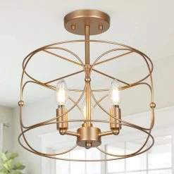 Modern Cage Kitchen Ceiling Light 3-Light Gold Drum Semi-Flush Mount Light for Dining Room by Uolfin