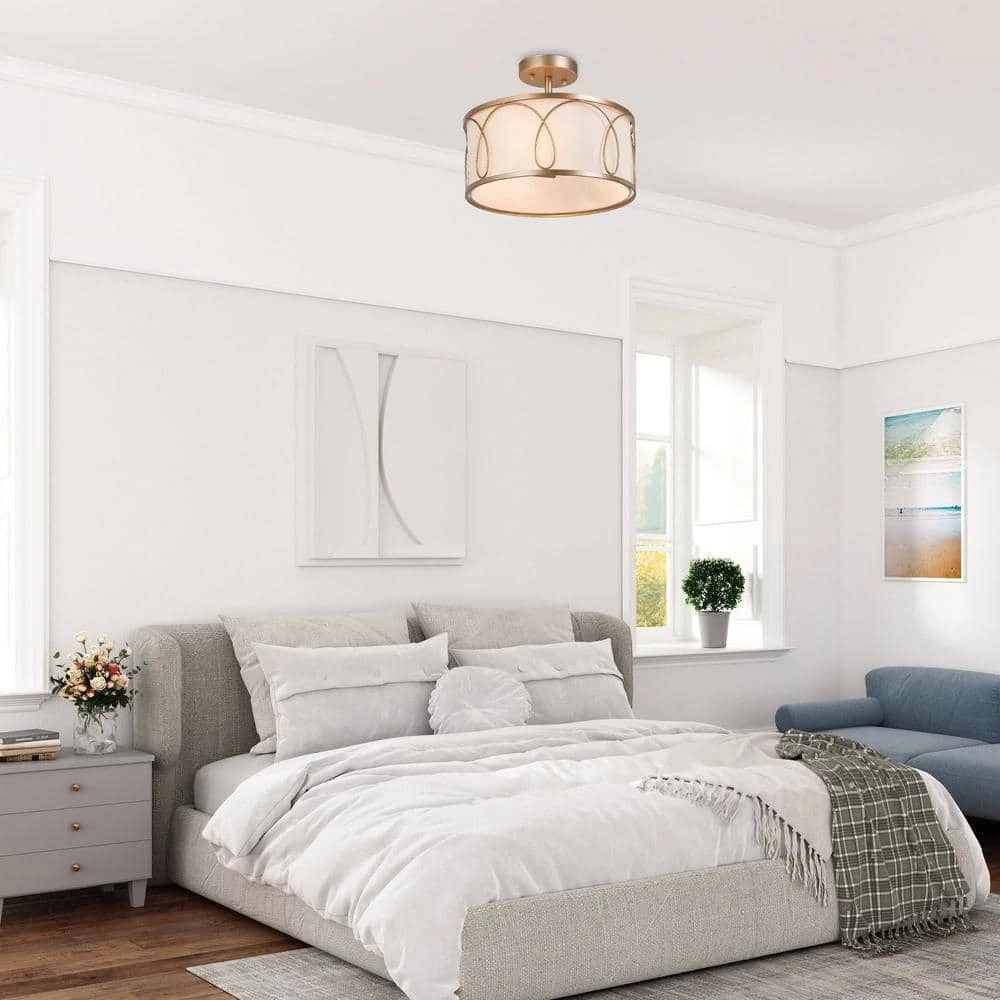 Farmhouse Kitchen Semi-Flush Mount, 3-Light Modern Gold Round Ceiling Light with Fabric Shade by Uolfin - Image 3