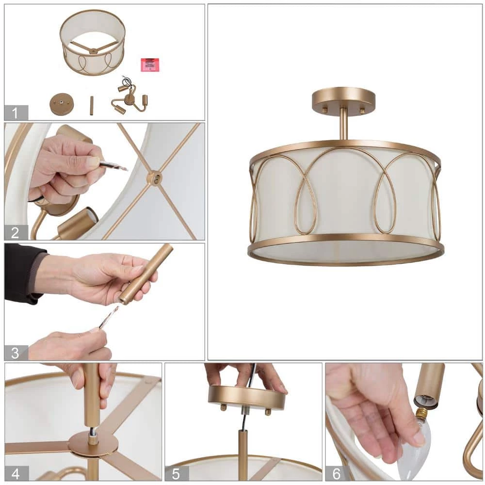 Farmhouse Kitchen Semi-Flush Mount, 3-Light Modern Gold Round Ceiling Light with Fabric Shade by Uolfin - Image 6