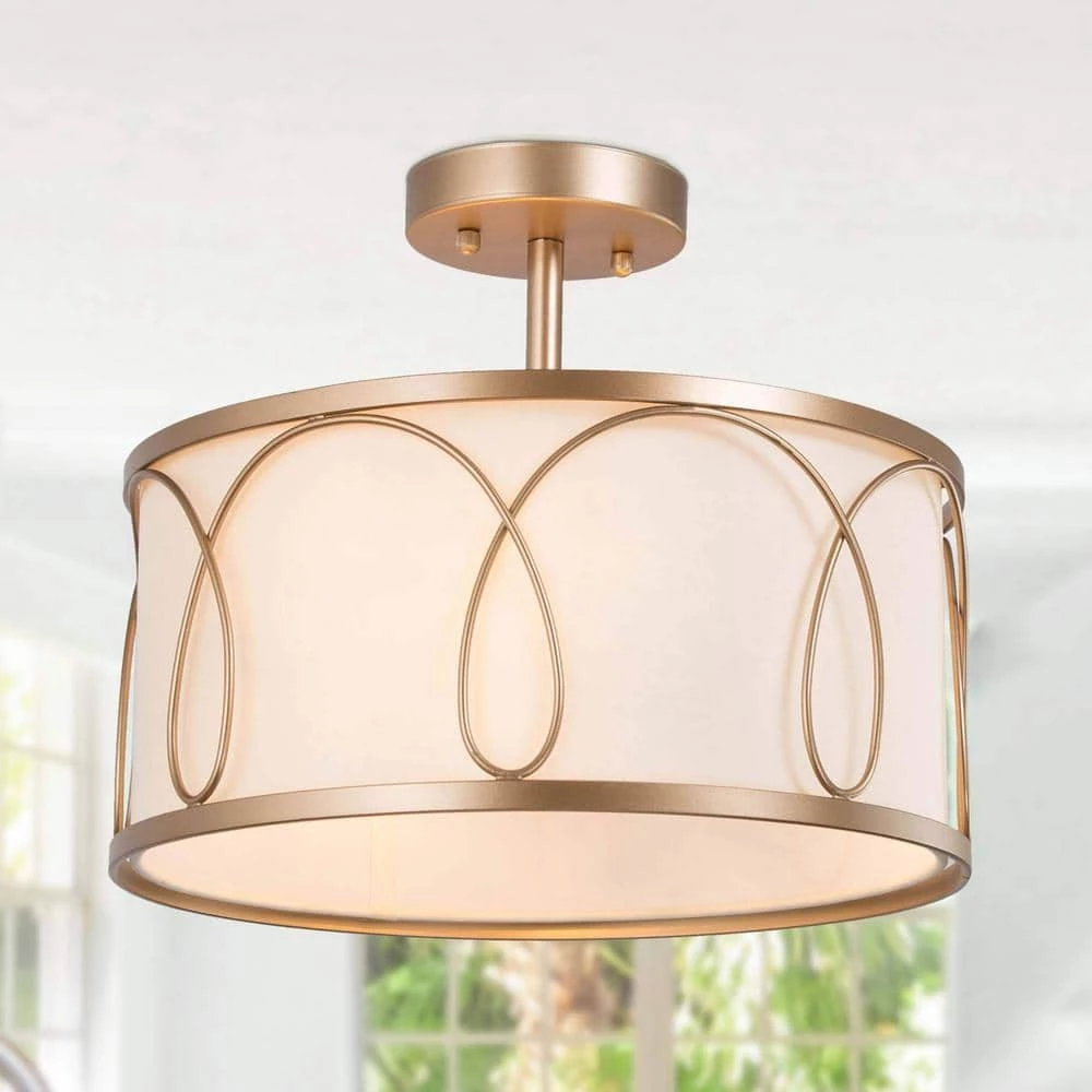 Farmhouse Kitchen Semi-Flush Mount, 3-Light Modern Gold Round Ceiling Light with Fabric Shade by Uolfin