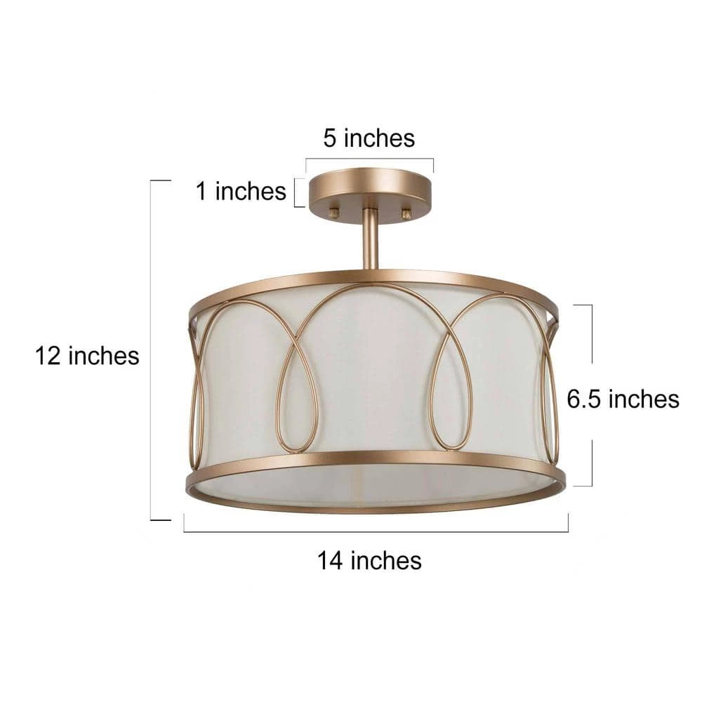 Farmhouse Kitchen Semi-Flush Mount, 3-Light Modern Gold Round Ceiling Light with Fabric Shade by Uolfin - Image 4