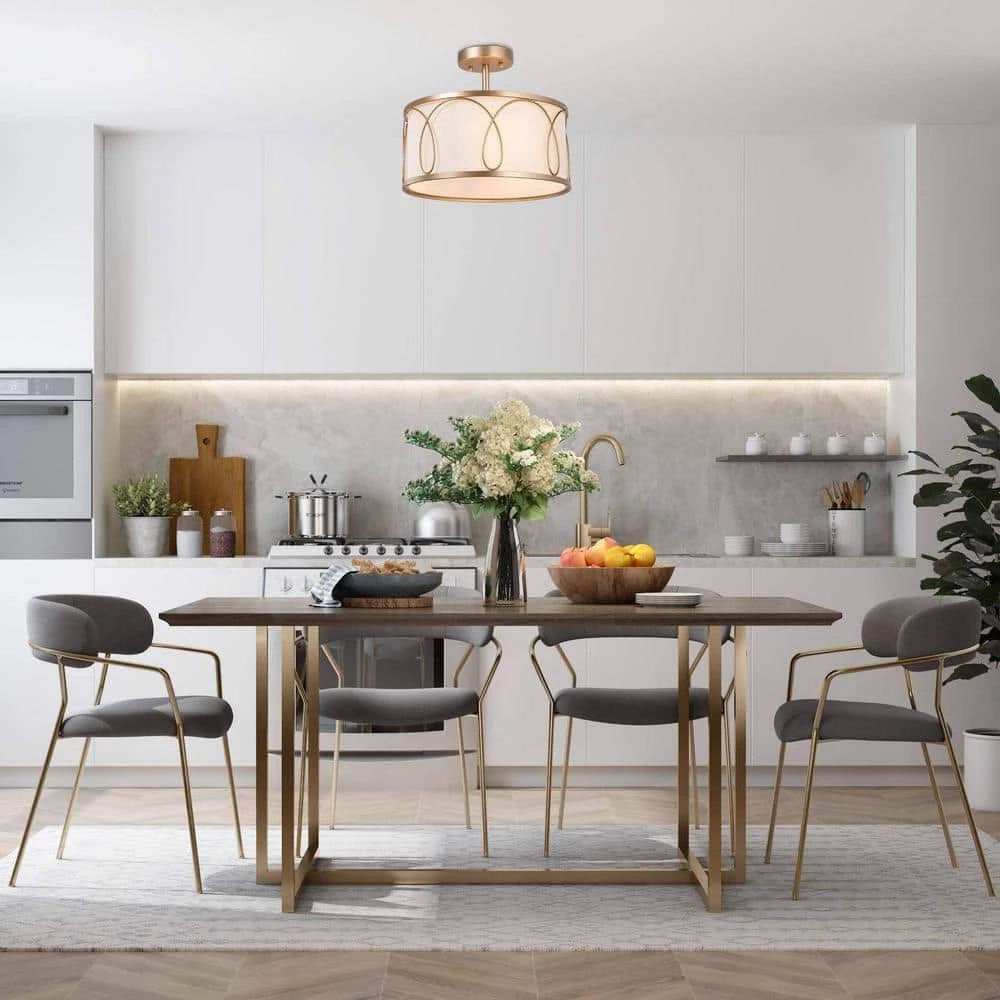 Farmhouse Kitchen Semi-Flush Mount, 3-Light Modern Gold Round Ceiling Light with Fabric Shade by Uolfin - Image 2