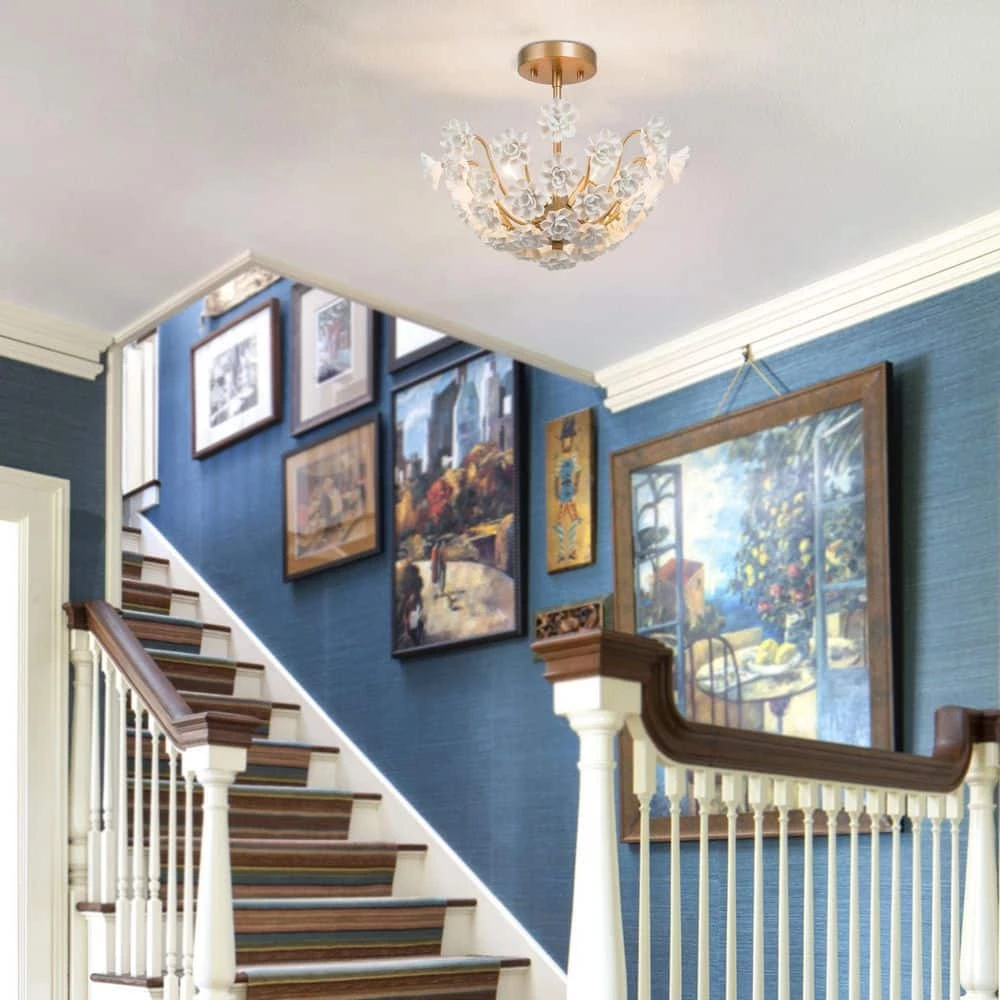 Modern Bedroom Center-Bowl Ceiling Light 3-Light Gold Semi-Flush Mount Light with White Handcrafted Porcelain Blooms by Uolfin - Image 3