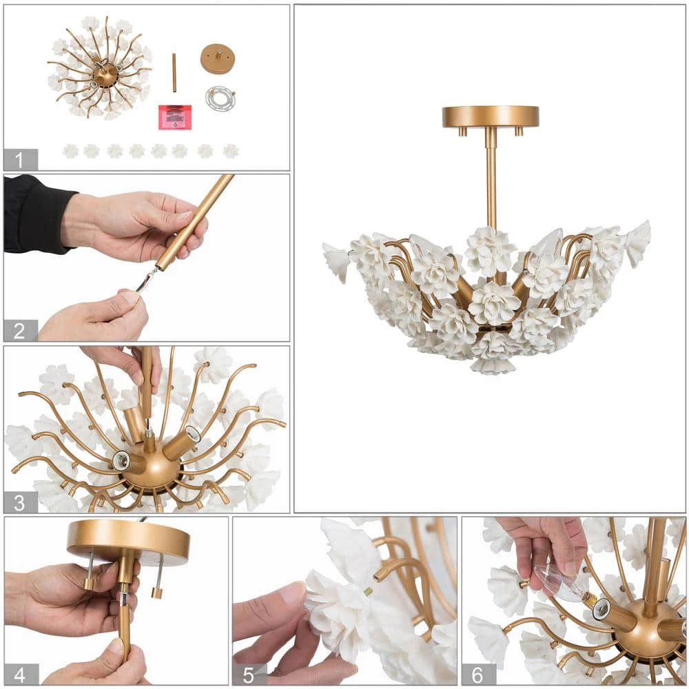 Modern Bedroom Center-Bowl Ceiling Light 3-Light Gold Semi-Flush Mount Light with White Handcrafted Porcelain Blooms by Uolfin - Image 8