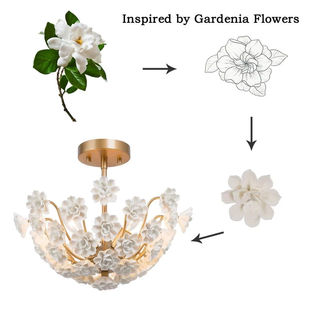 Modern Bedroom Center-Bowl Ceiling Light 3-Light Gold Semi-Flush Mount Light with White Handcrafted Porcelain Blooms by Uolfin - Image 6