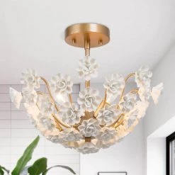 Modern Bedroom Center-Bowl Ceiling Light 3-Light Gold Semi-Flush Mount Light with White Handcrafted Porcelain Blooms by Uolfin