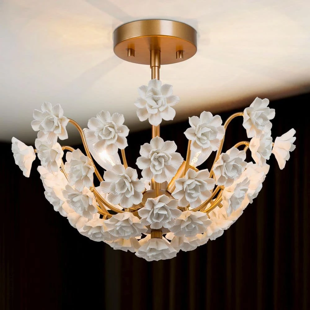 Modern Bedroom Center-Bowl Ceiling Light 3-Light Gold Semi-Flush Mount Light with White Handcrafted Porcelain Blooms by Uolfin - Image 4