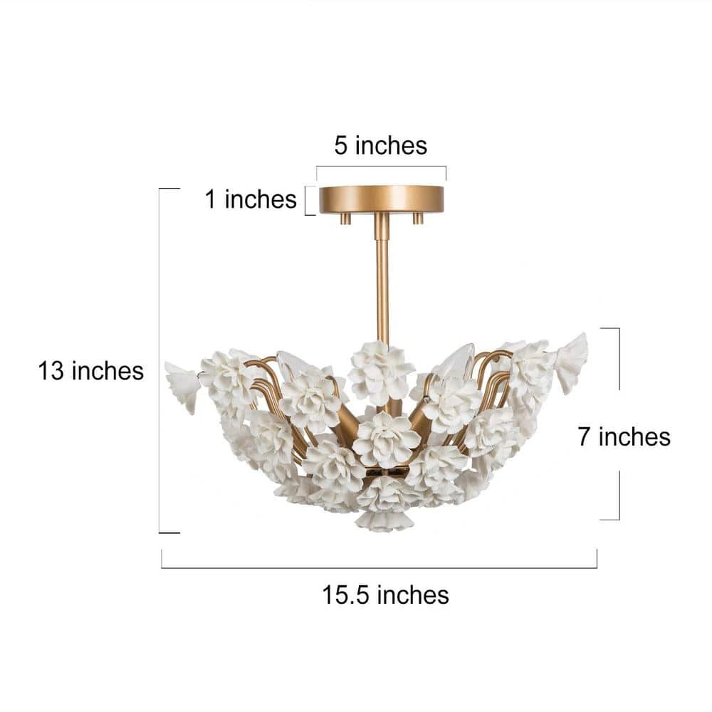 Modern Bedroom Center-Bowl Ceiling Light 3-Light Gold Semi-Flush Mount Light with White Handcrafted Porcelain Blooms by Uolfin - Image 5