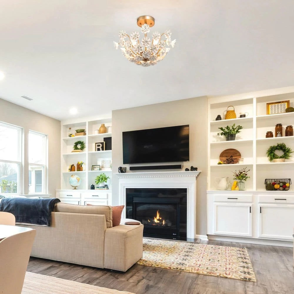 Modern Bedroom Center-Bowl Ceiling Light 3-Light Gold Semi-Flush Mount Light with White Handcrafted Porcelain Blooms by Uolfin - Image 2