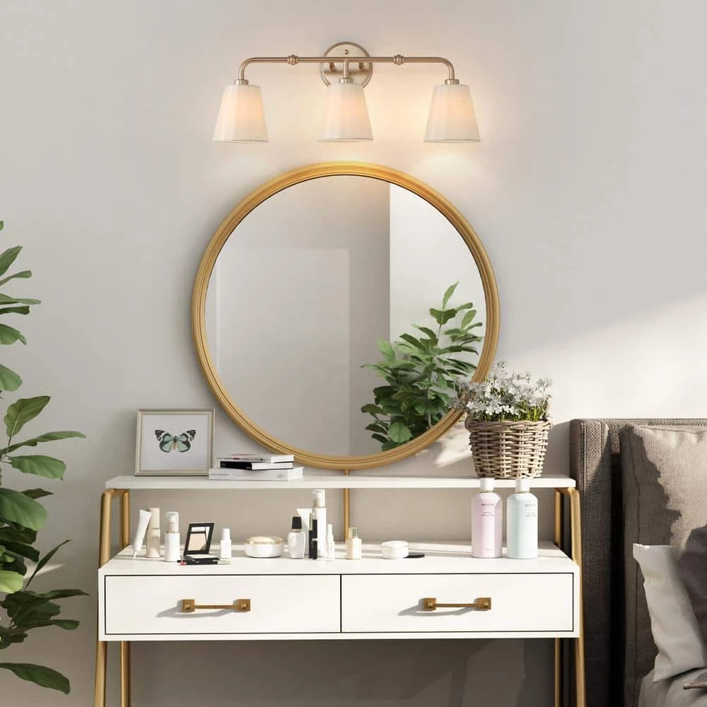 Modern Farmhouse Bathroom Wall Light, 23.5 in. 3-Light Gold Bell Vanity Light with Fabric Shades by Uolfin - Image 3