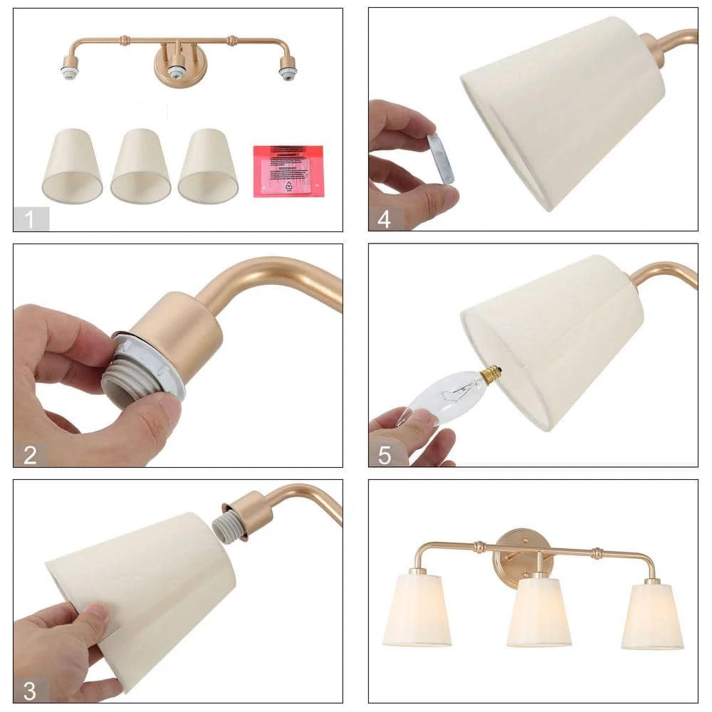 Modern Farmhouse Bathroom Wall Light, 23.5 in. 3-Light Gold Bell Vanity Light with Fabric Shades by Uolfin - Image 6