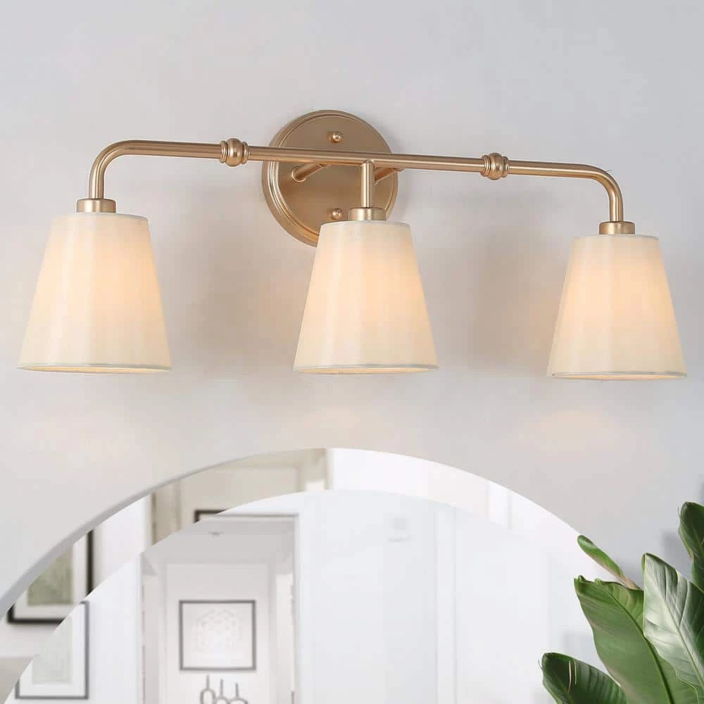 Modern Farmhouse Bathroom Wall Light, 23.5 in. 3-Light Gold Bell Vanity Light with Fabric Shades by Uolfin