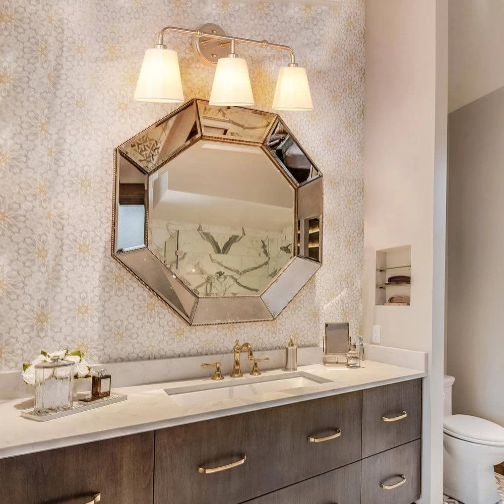 Modern Farmhouse Bathroom Wall Light, 23.5 in. 3-Light Gold Bell Vanity Light with Fabric Shades by Uolfin - Image 2