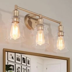 Modern Gold Bathroom Wall Sconce, 23 in. 3-Light Farmhouse Bell Vanity Light with Clear Glass Shades by Uolfin