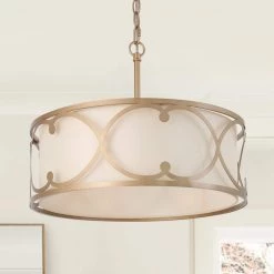Modern Drum Island Chandelier Pendant Light, 3-light Farmhouse Gold Shaded Chandelier with Fabric Shade by Uolfin