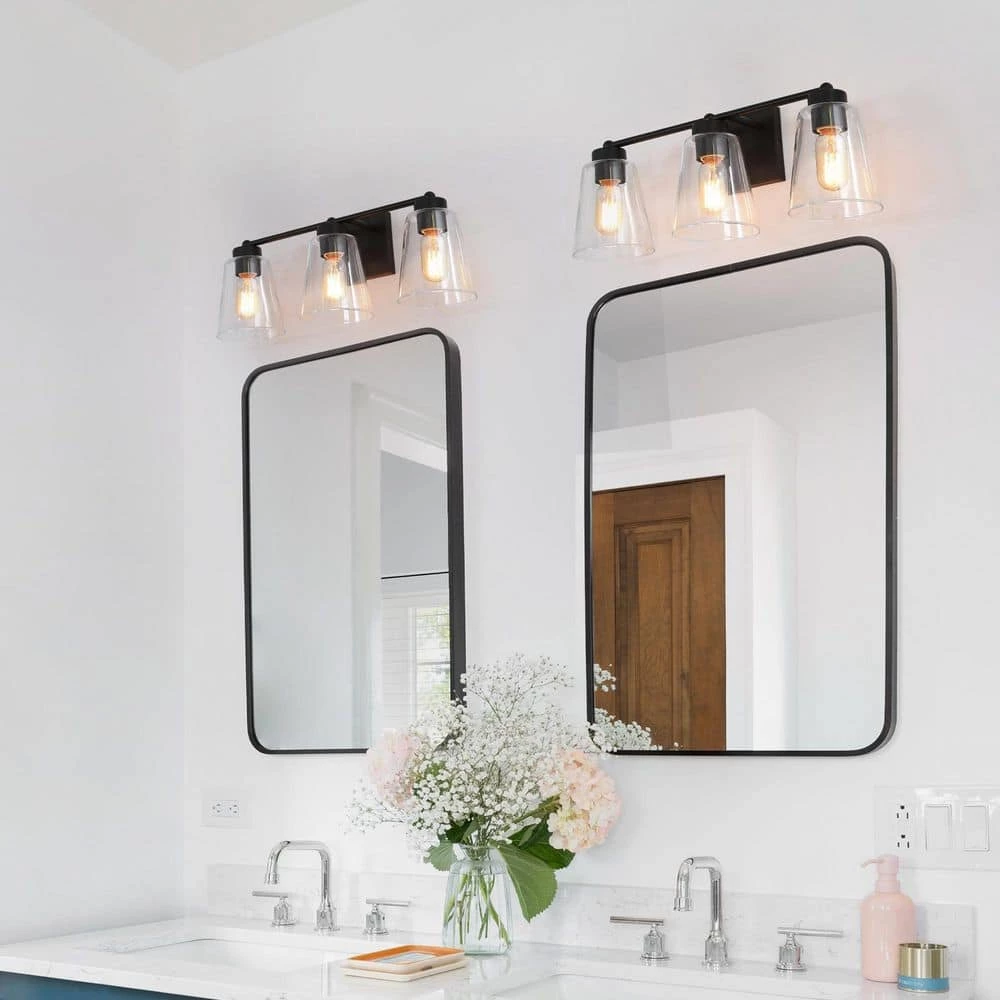 Modern Bell Vanity Light for Bathroom Kurozo 3-Light Matte Black Cylinder Wall Sconce Light with Clear Glass Shades by Uolfin - Image 3