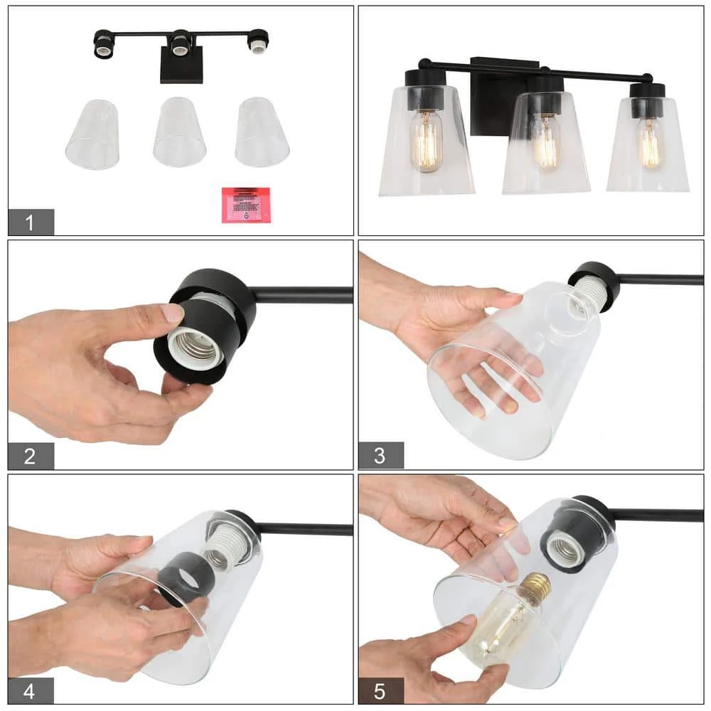 Modern Bell Vanity Light for Bathroom Kurozo 3-Light Matte Black Cylinder Wall Sconce Light with Clear Glass Shades by Uolfin - Image 6