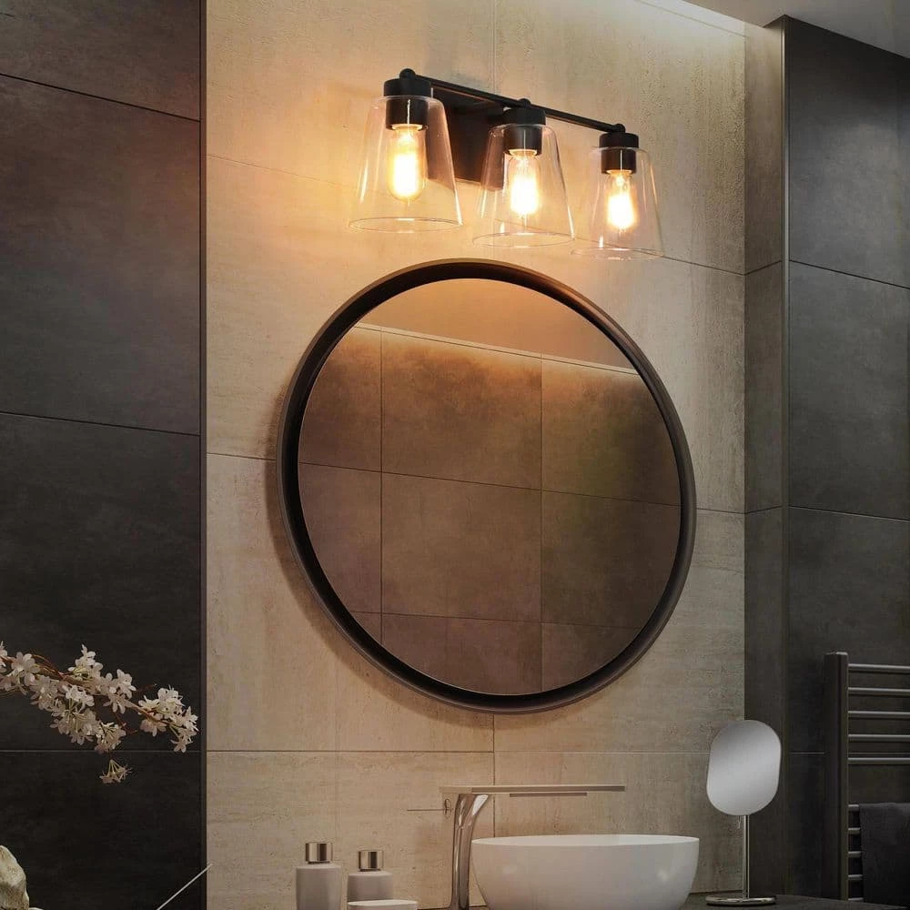 Modern Bell Vanity Light for Bathroom Kurozo 3-Light Matte Black Cylinder Wall Sconce Light with Clear Glass Shades by Uolfin - Image 2