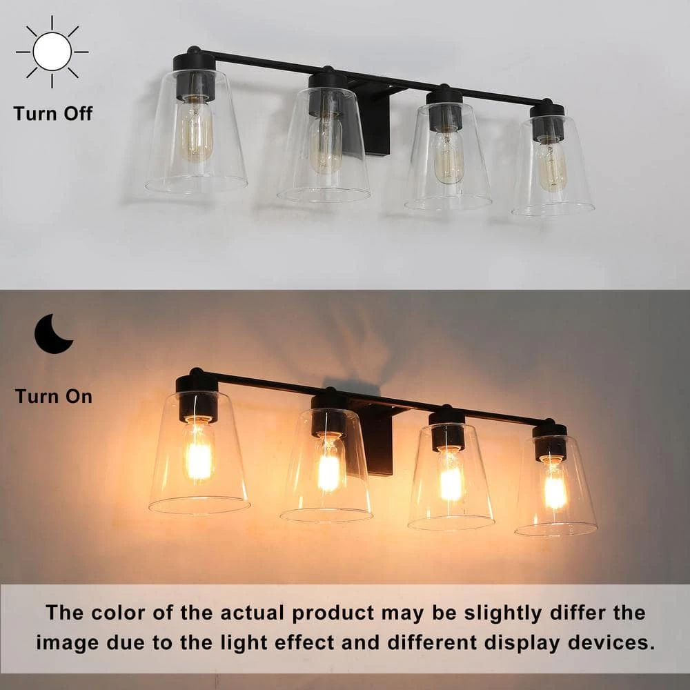 Modern Bell Bathroom vanity Light Firefly 29 in. 4-Light Matte Black Cylinder Wall Sconce Light with Clear Glass Shade by Uolfin - Image 3