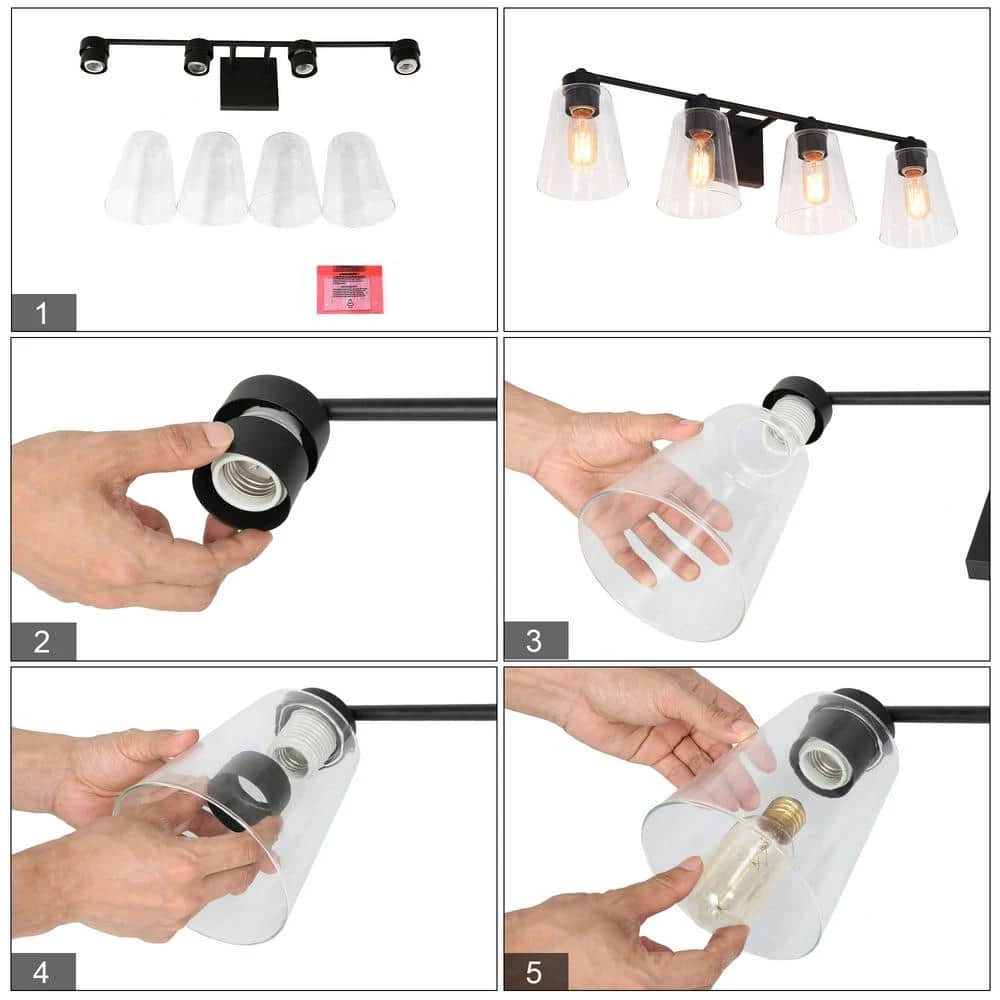 Modern Bell Bathroom vanity Light Firefly 29 in. 4-Light Matte Black Cylinder Wall Sconce Light with Clear Glass Shade by Uolfin - Image 6