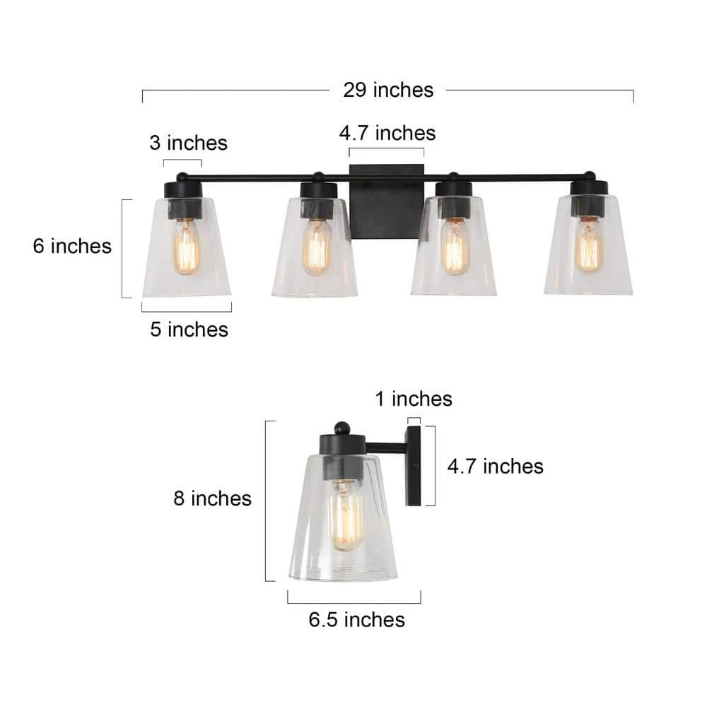 Modern Bell Bathroom vanity Light Firefly 29 in. 4-Light Matte Black Cylinder Wall Sconce Light with Clear Glass Shade by Uolfin - Image 4