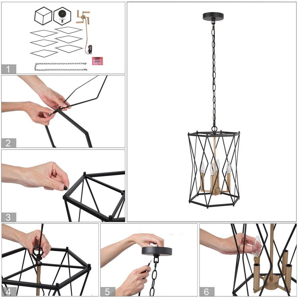 12.5 in. 4-Light Antique Gold Modern Chandelier with Black Metal Wire Geometric Cage by Uolfin - Image 6