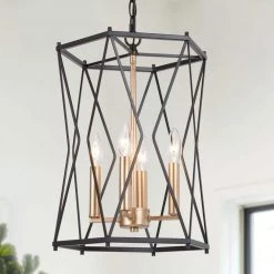 12.5 in. 4-Light Antique Gold Modern Chandelier with Black Metal Wire Geometric Cage by Uolfin