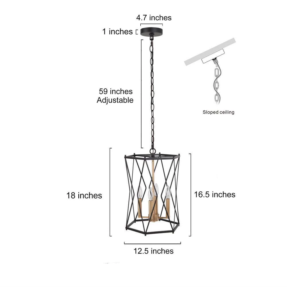 12.5 in. 4-Light Antique Gold Modern Chandelier with Black Metal Wire Geometric Cage by Uolfin - Image 4