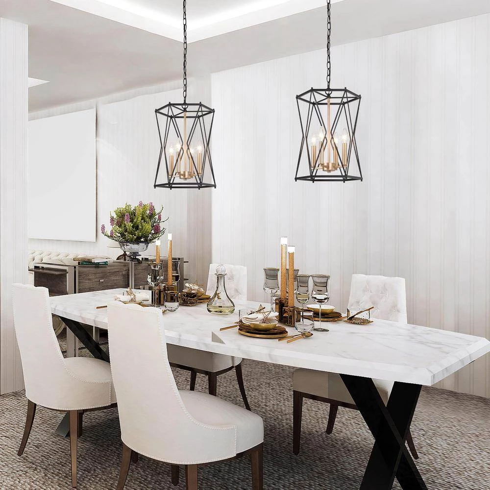 12.5 in. 4-Light Antique Gold Modern Chandelier with Black Metal Wire Geometric Cage by Uolfin - Image 2