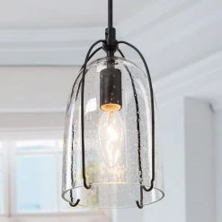 Modern Black Bedroom Pendant Light, Cali 1-Light Farmhouse Dining Room Mini Pendant Light with Seeded Glass Shade by Uolfin