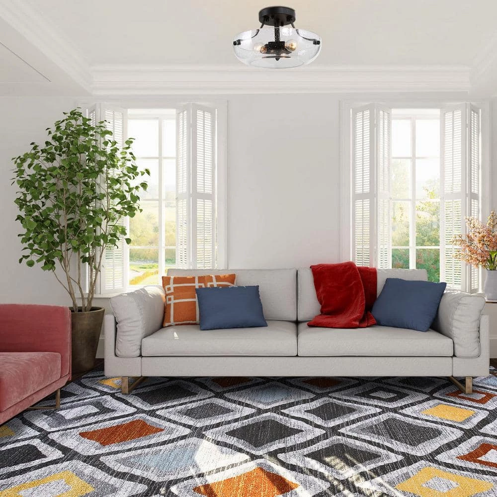 Modern Center Bowl Ceiling Light Cali 3-Light Black Round Flush Mount Ceiling Light with Seeded Glass Shade by Uolfin - Image 3