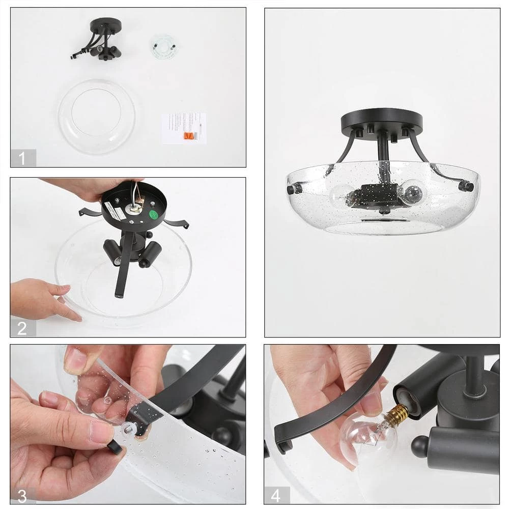 Modern Center Bowl Ceiling Light Cali 3-Light Black Round Flush Mount Ceiling Light with Seeded Glass Shade by Uolfin - Image 7